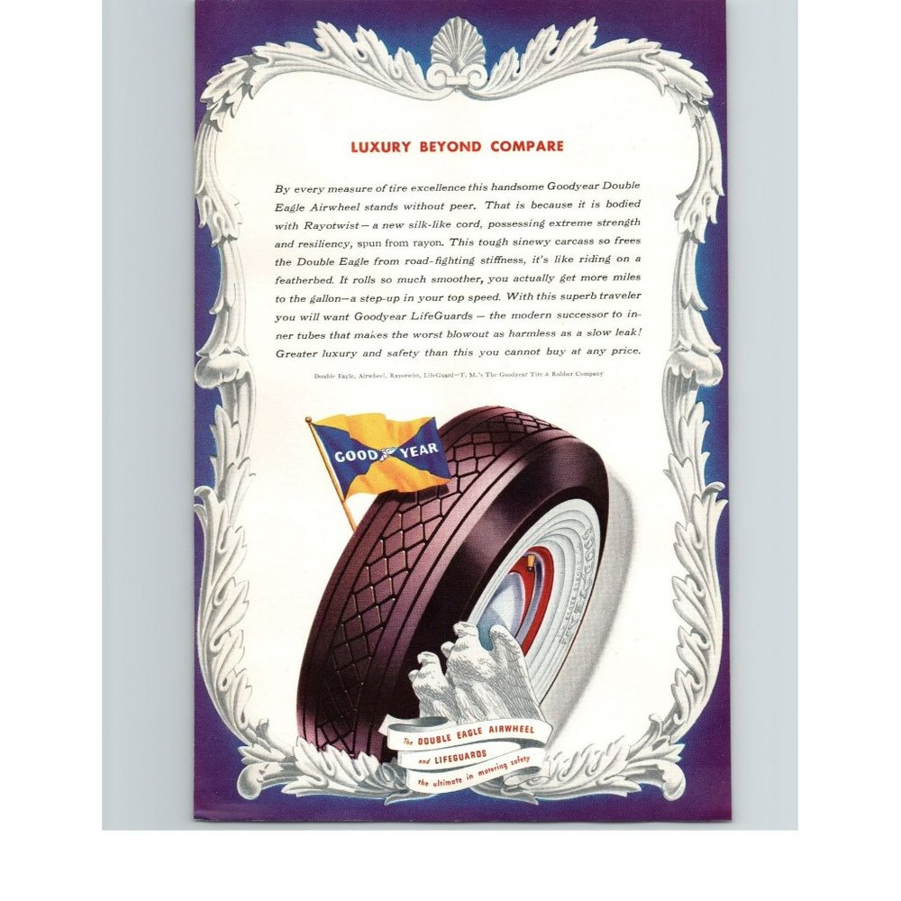 1940 Goodyear Tire Luxury Beyond Compare Double Eagle Whitewall Vintage Print Ad